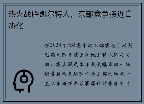 热火战胜凯尔特人，东部竞争接近白热化